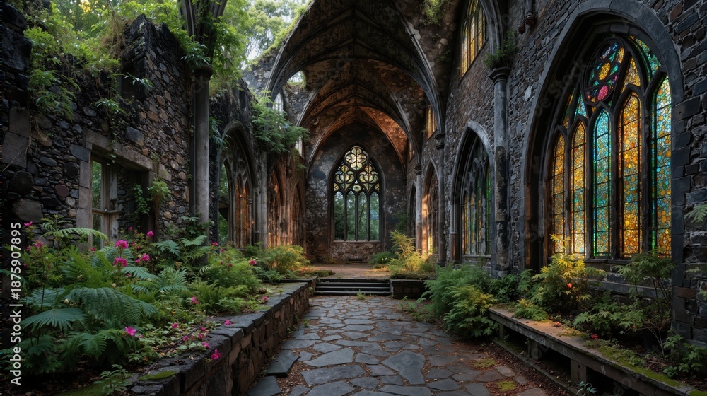 Fototapeta premium Overgrown interior of an abandoned gothic church in ruins. Ancient cathedral reclaimed by nature with plants and stained glass windows. Fantasy medieval architecture background