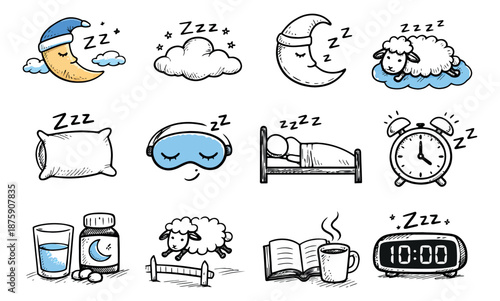 Hand drawn line art sleep icons set featuring moons, clouds, sheep, pillows, sleep masks, beds, and alarm clocks for bedtime routines and relaxation