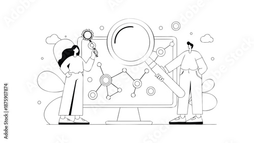 Business professionals analyzing data on a large screen with magnifying glasses