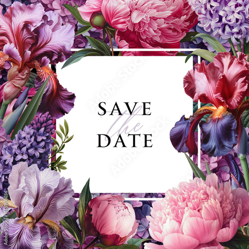 Vintage vector illustration with garden flowers on a changeable background. Floral design template for wedding invitation, greeting card, notebook cover, flyer or banner.