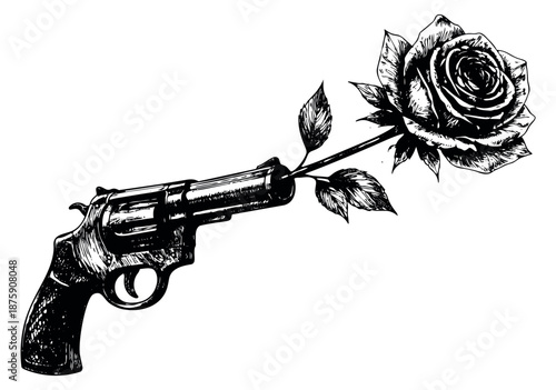 Hand drawn line art illustration of a gun and a rose depicting peace and anti-violence for social commentary