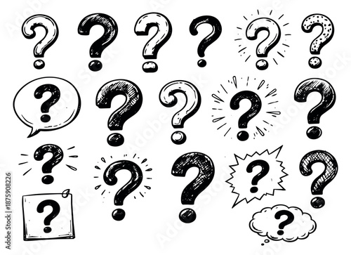 Hand drawn doodle question marks set featuring various styles and expressions for educational and communicative content