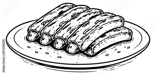 Hand drawn line art illustration of ribs on a plate depicting prepared food for a restaurant menu