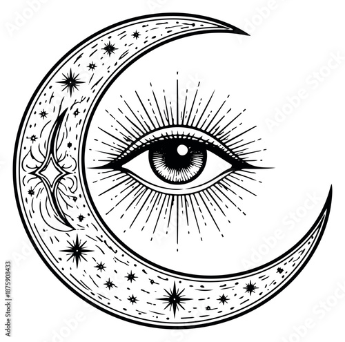 Hand drawn illustration of a crescent moon with an all-seeing eye depicting mystical cosmic vision for spiritual and occult design