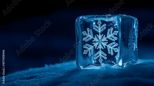 Cool color contrast, a detailed snowflake encased in an ice cube. Close-up image. 