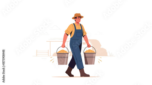 Farmer Carrying Buckets of Animal Feed in Rural Farm Flat Vector Illustration