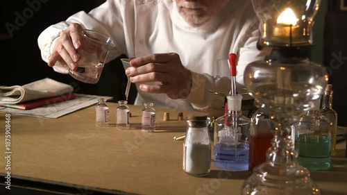 Apothecary filling bottles with medicinal mixture