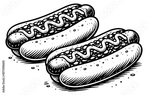 Hand drawn line art hot dog set featuring two frankfurters with condiments for fast food menus