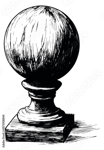 Hand drawn line art illustration of a spherical finial depicting classic design for architectural and garden decoration