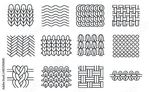 Line art knitting and weaving pattern set featuring different fabric textures and stitches for textile design