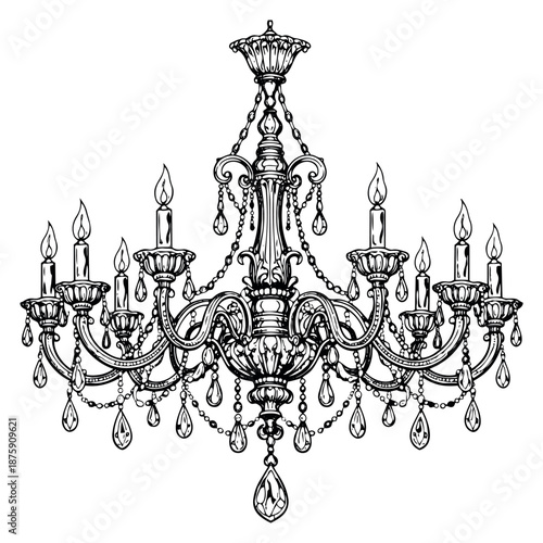 Elegant hand drawn illustration of a chandelier depicting ornate crystal drops for luxury decoration