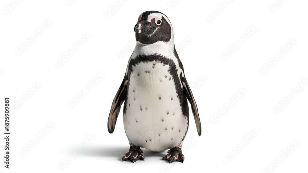 Fototapeta premium Realistic image of a penguin standing upright on a clean white background, showing detailed feathers, strong black and white contrast, and a sharp minimalist look.