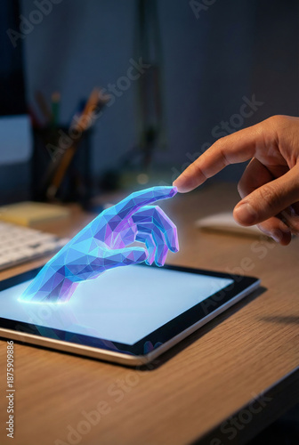 Wallpaper Mural A hand interacting with a digital wave on a tablet screen on a wooden desk Torontodigital.ca