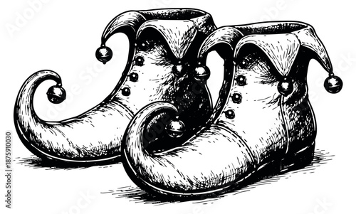 Hand drawn line art illustration of jester shoes depicting curled toes and bells for fantasy costume design
