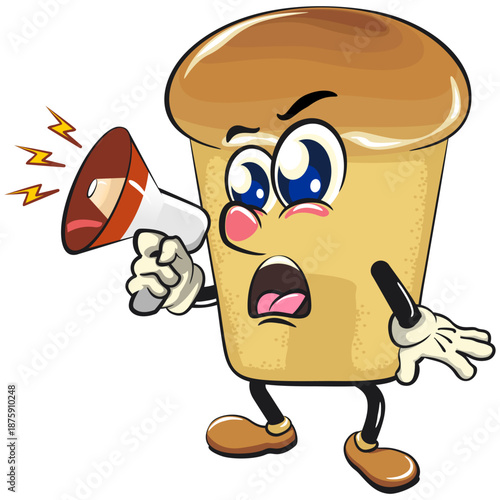 cute rum baba cake cartoon mascot character with a loudspeaker vector illustration, work of hand drawn
