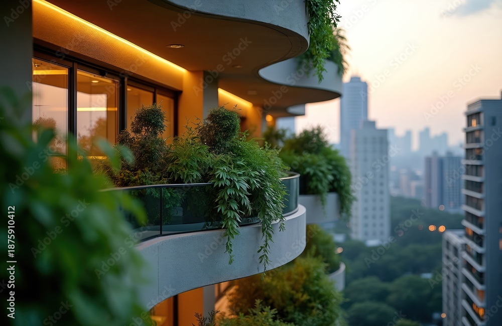 Fototapeta premium Building balconies overflow with lush plants. Modern architecture integrates plants, creating urban nature. Cityscape at dusk offers a serene, sustainable living scene.
