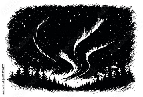 Hand drawn illustration of aurora borealis depicting a starry night sky over a forest for nature design