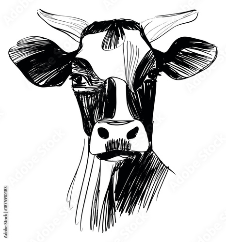 Hand drawn line art illustration of a cow depicting a detailed face for farm and dairy branding