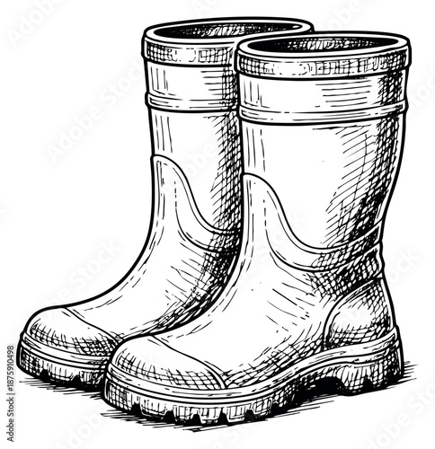 Hand drawn line art illustration of a pair of rubber boots depicting protective footwear for outdoor activities