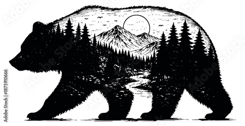 Hand drawn line art illustration of a bear depicting a mountain and forest landscape for wilderness and adventure concepts