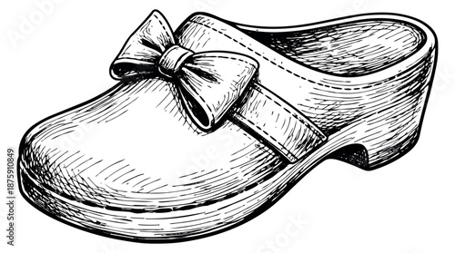 Hand drawn line art illustration of a clog shoe depicting a bow detail for fashion concepts