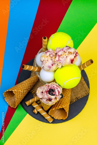 Coppa di gelato come trofeo dopo una partita di tennis con palline da ping pong su sfondo colorato