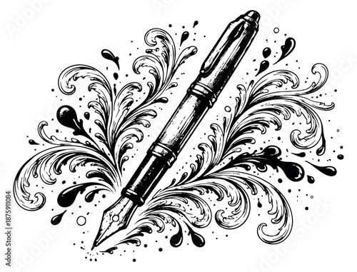 Hand drawn line art illustration of a fountain pen depicting artistic flourishes for creative projects