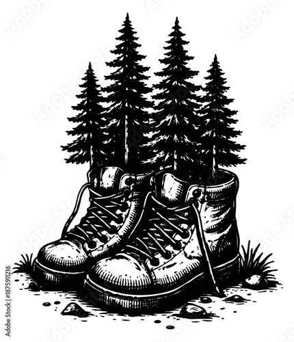 Hand drawn illustration of hiking boots depicting forest trees for outdoor travel and adventure