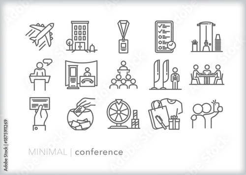 Set of 15 business conference and trade show outline icons
