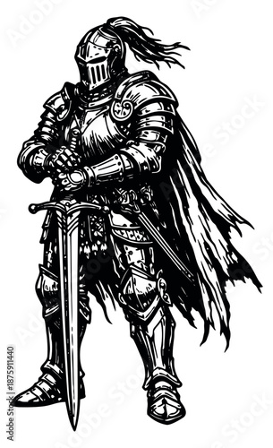 Hand drawn line art illustration of a medieval knight depicting a warrior in full armor holding a greatsword for historical or fantasy designs