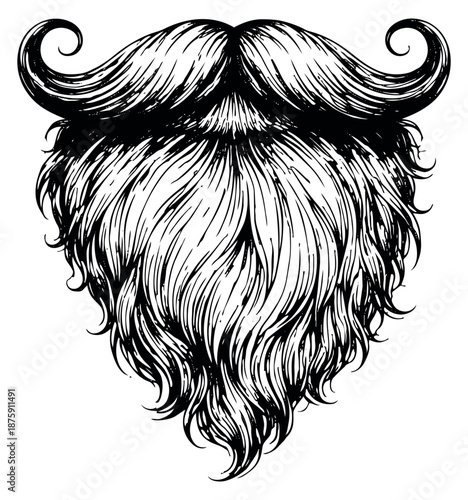 Hand drawn line art illustration of a full beard and mustache depicting a groomed hipster style for retro design