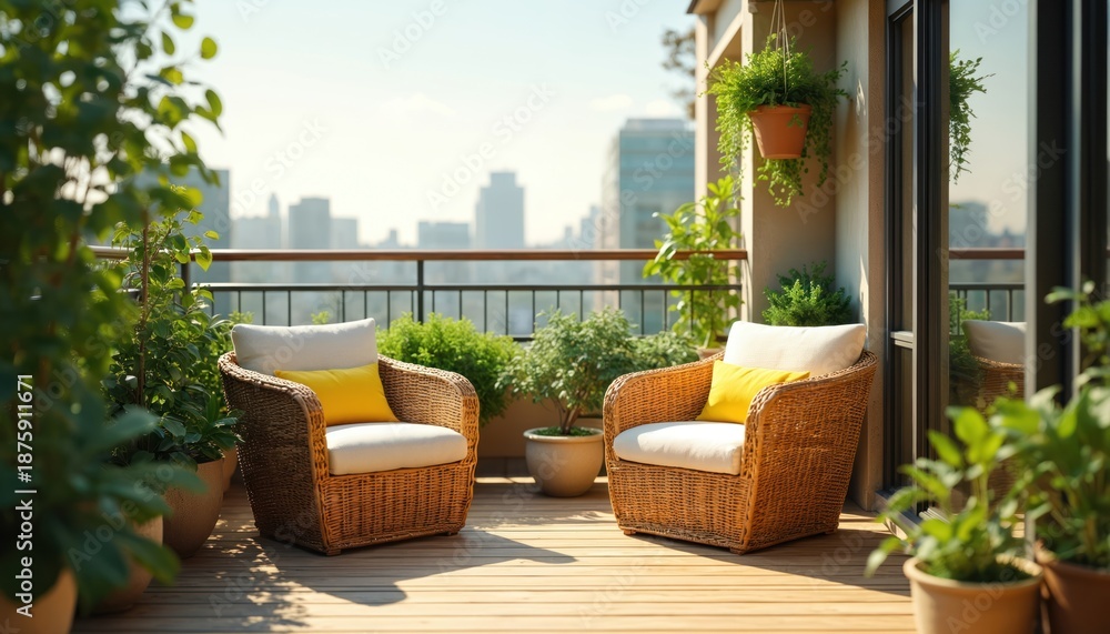 Fototapeta premium Two wicker armchairs with yellow cushions on sunlit wooden balcony filled with rich green plants. City skyline in background. Offers tranquil outdoor seating space for relaxation and enjoying nature.