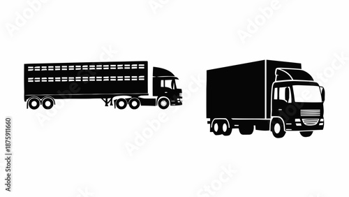 Vector illustration of two distinct heavy transport trucks, a livestock trailer and a cargo box truck