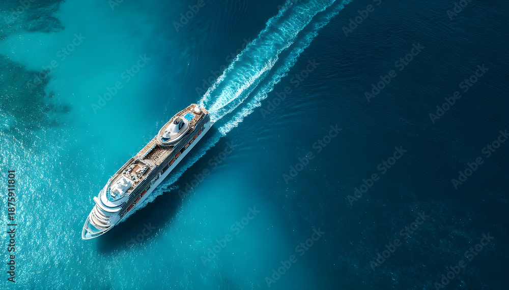 Naklejka premium Aerial view of beautiful white cruise ship above luxury cruise in the ocean sea concept tourism travel on holiday take a vacation time on summer, webinar banner forwarder mast