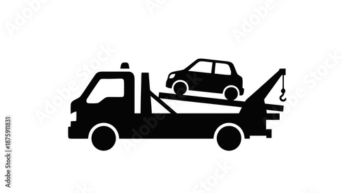 Vector illustration of a black silhouette tow truck carrying a broken-down car for roadside assistance