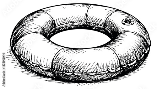 Hand drawn line art illustration of a swimming ring depicting leisure and water safety for summer holidays