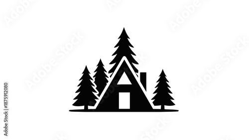 Vector illustration of a cozy A-frame cabin in a forest of pine trees, a natural living concept design
