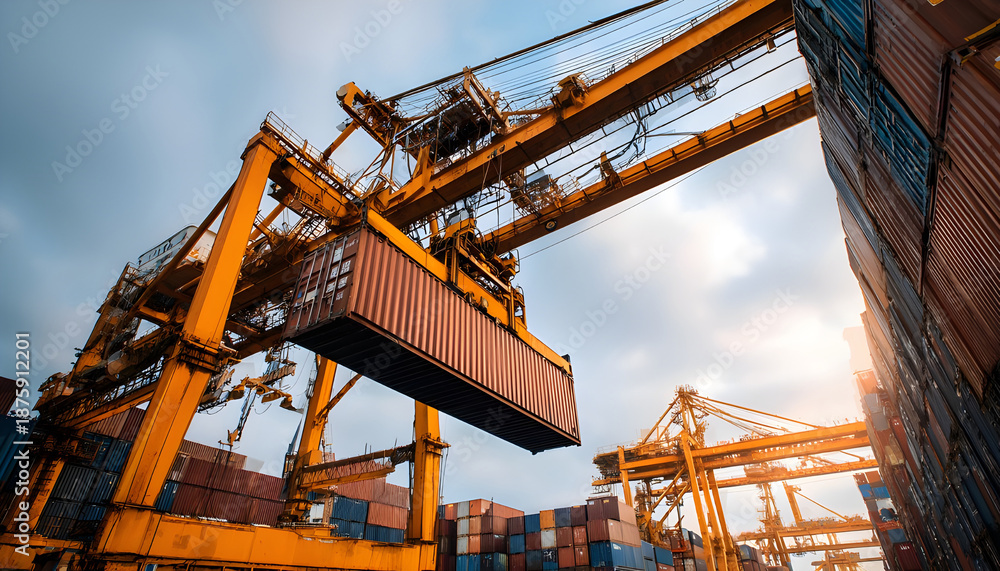 Obraz premium Gantry crane is unloading a container from a ship at daytime in the port