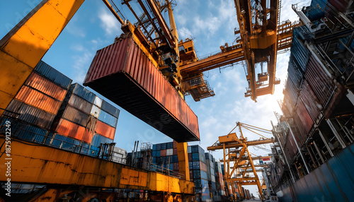 Gantry crane is unloading a container from a ship at daytime in the port
