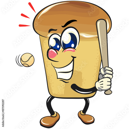 cute rum baba cake cartoon mascot character playing baseball ready to hit the ball with the bat, vector illustration, work of hand drawn