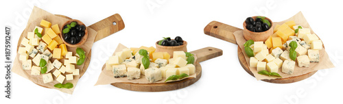 Charcuterie board with different types of cheese and olives isolated on white, set. Top and side view