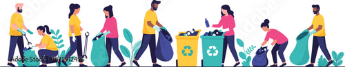 Community volunteers cleaning up trash, diverse group of people collecting garbage, recycling plastic waste in bins, eco friendly environmental protection concept, flat vector illustration.