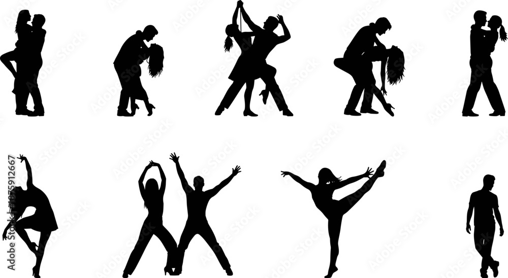 Fototapeta premium Vector set of dancing couple silhouettes, romantic man and woman pairs, ballroom tango poses, contemporary solo dancers, isolated black figures design elements collection.
