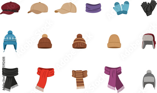 Vector collection of winter accessories, knitted hats scarves and gloves, warm caps and mittens set, flat style fashion elements isolated on black background.