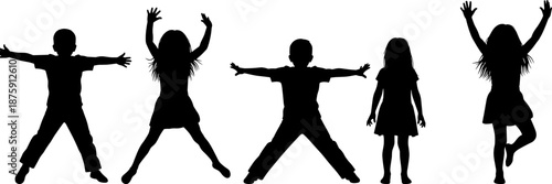 Vector set of active children silhouettes, happy kids jumping and playing, boys and girls exercising poses, isolated black figures, childhood activity concept illustration.