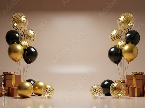 Minimalist Gold and Black Balloon Decor with Gift Boxes. Generative Ai