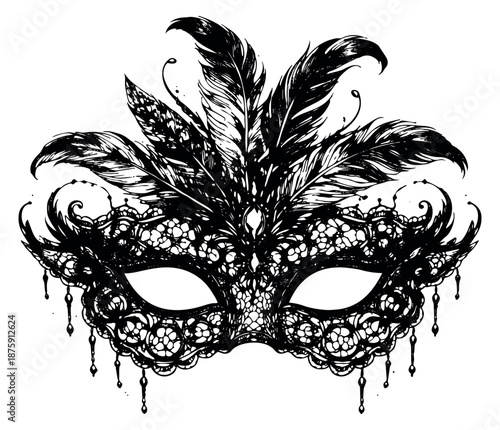 Hand drawn line art illustration of a masquerade mask depicting an ornate design with feathers and lace for a festive celebration