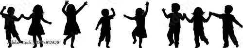 Vector set of black children silhouettes, happy kids playing and dancing poses, boys and girls holding hands, isolated figures collection, childhood concept illustration.