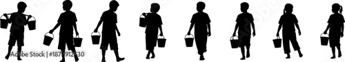 Vector set of black children silhouettes carrying buckets, boys and girls walking with water pails, isolated figures collection, childhood chore concept illustration.