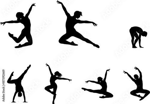 Vector set of dancer silhouettes, contemporary ballet and gymnastics poses, athletic men and women jumping, isolated black figures collection, artistic performance motion design element.